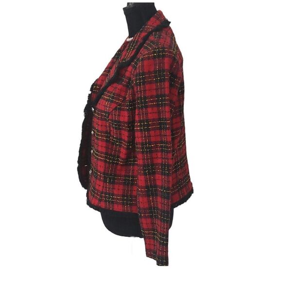Michael B Ltd Womens Red Black Petite Plaid Button Up Acrylic Blazer Jacket 10 - Picture 6 of 8